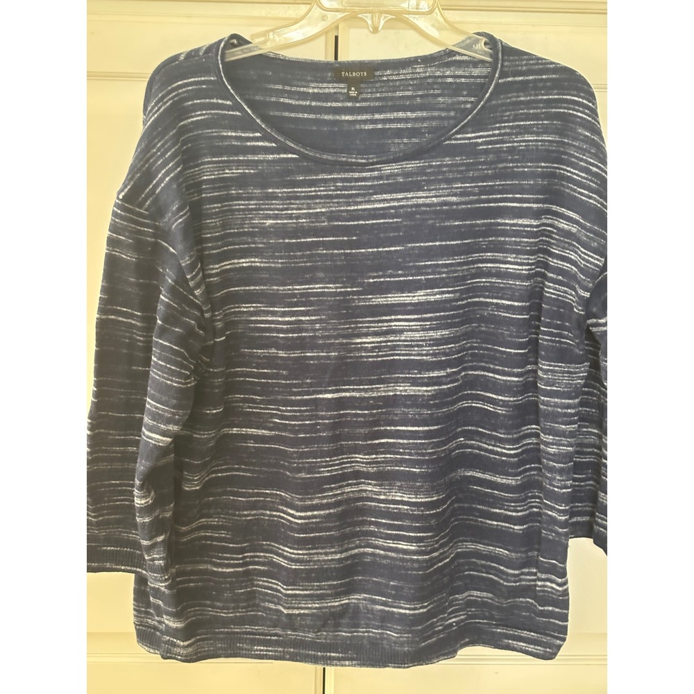 Talbots Blue White Striped Knit Sweater XL Boat Neck 3/4 Sleeve Lightweight